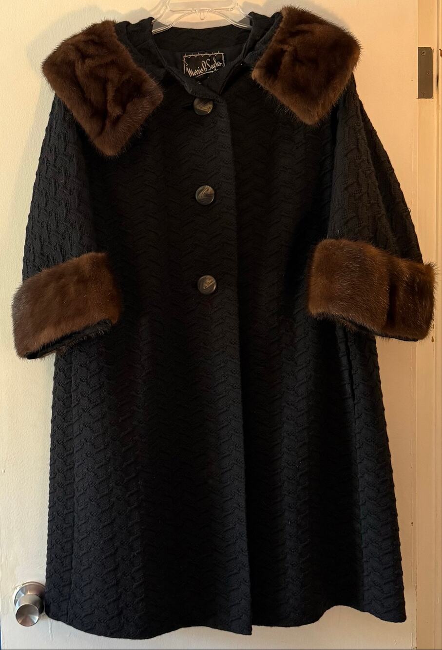 Vintage 50s Morris B Sachs Wool Mink Trim Swing Coat Plus Size XL 25 PTP